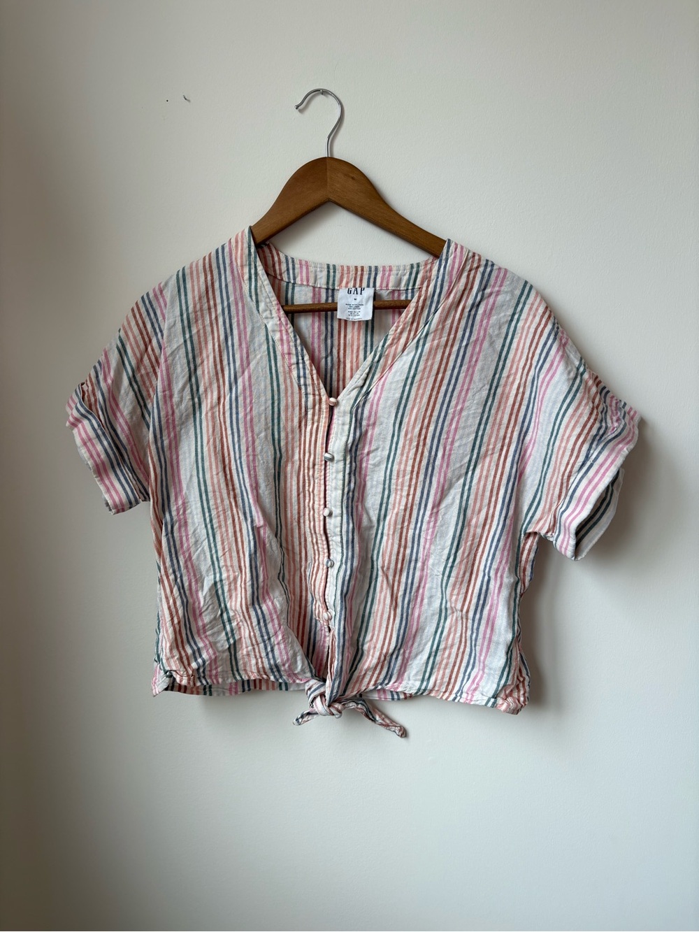 GAP Striped Button-Front Tie Hem Crop Top — Pink, Green, Cream